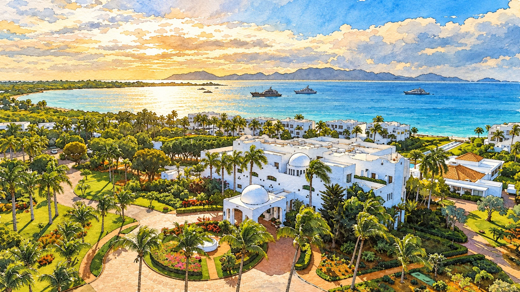 Illustration of Aurora Anguilla Resort & Golf Club, aerial view Illustration of Aurora Anguilla Resort & Golf Club, aerial view