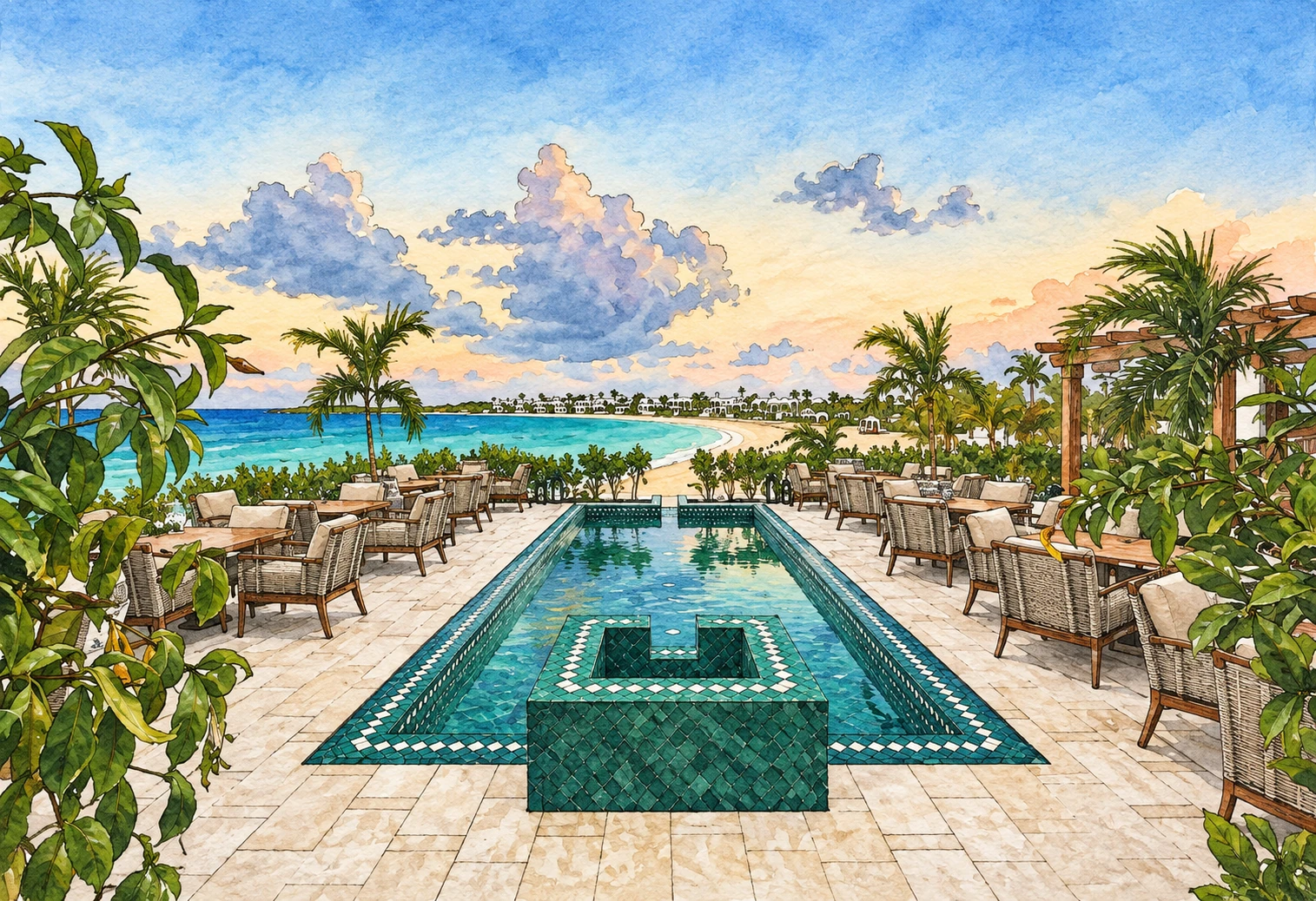 Illustration of Cap Juluca, A Belmond Hotel, Anguilla, pool and bay Illustration of Cap Juluca, A Belmond Hotel, Anguilla, pool and bay