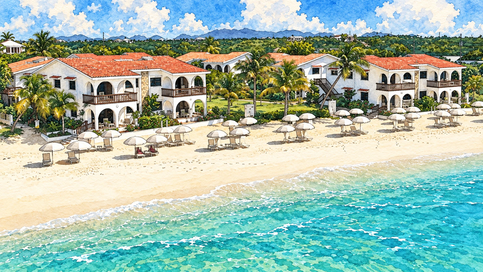 Illustration of Carimar Beach Club, beachfront buildings