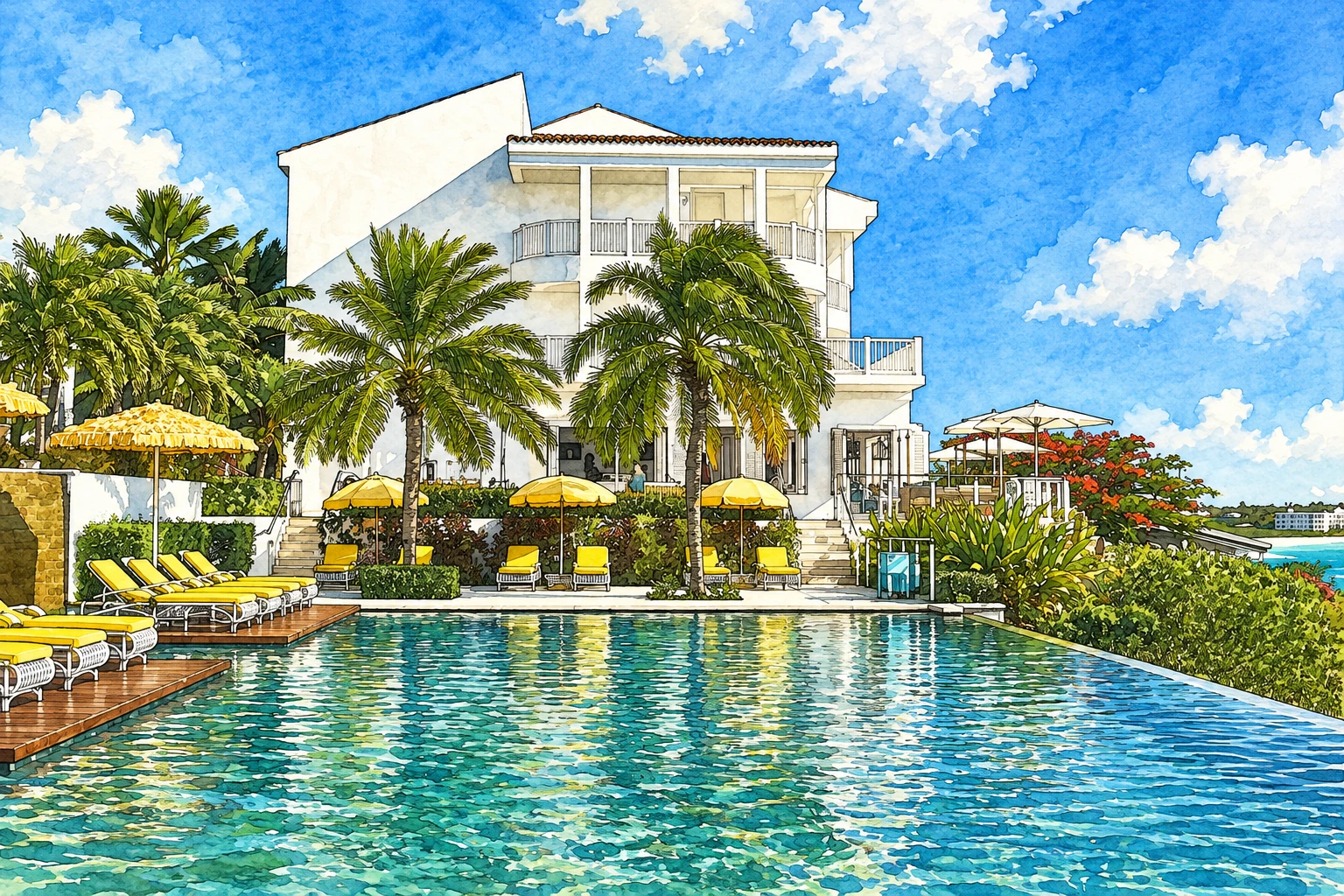 Illustration of Malliouhana Resort Anguilla, building and pool Illustration of Malliouhana Resort Anguilla, building and pool