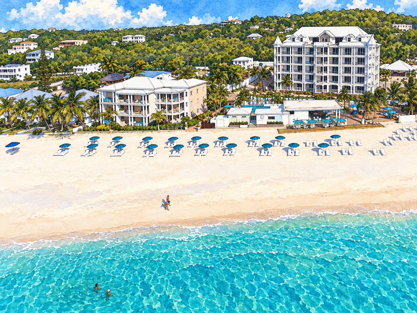 Illustration of The Manoah Boutique Hotel, beachfront aerial view Illustration of The Manoah Boutique Hotel, beachfront aerial view