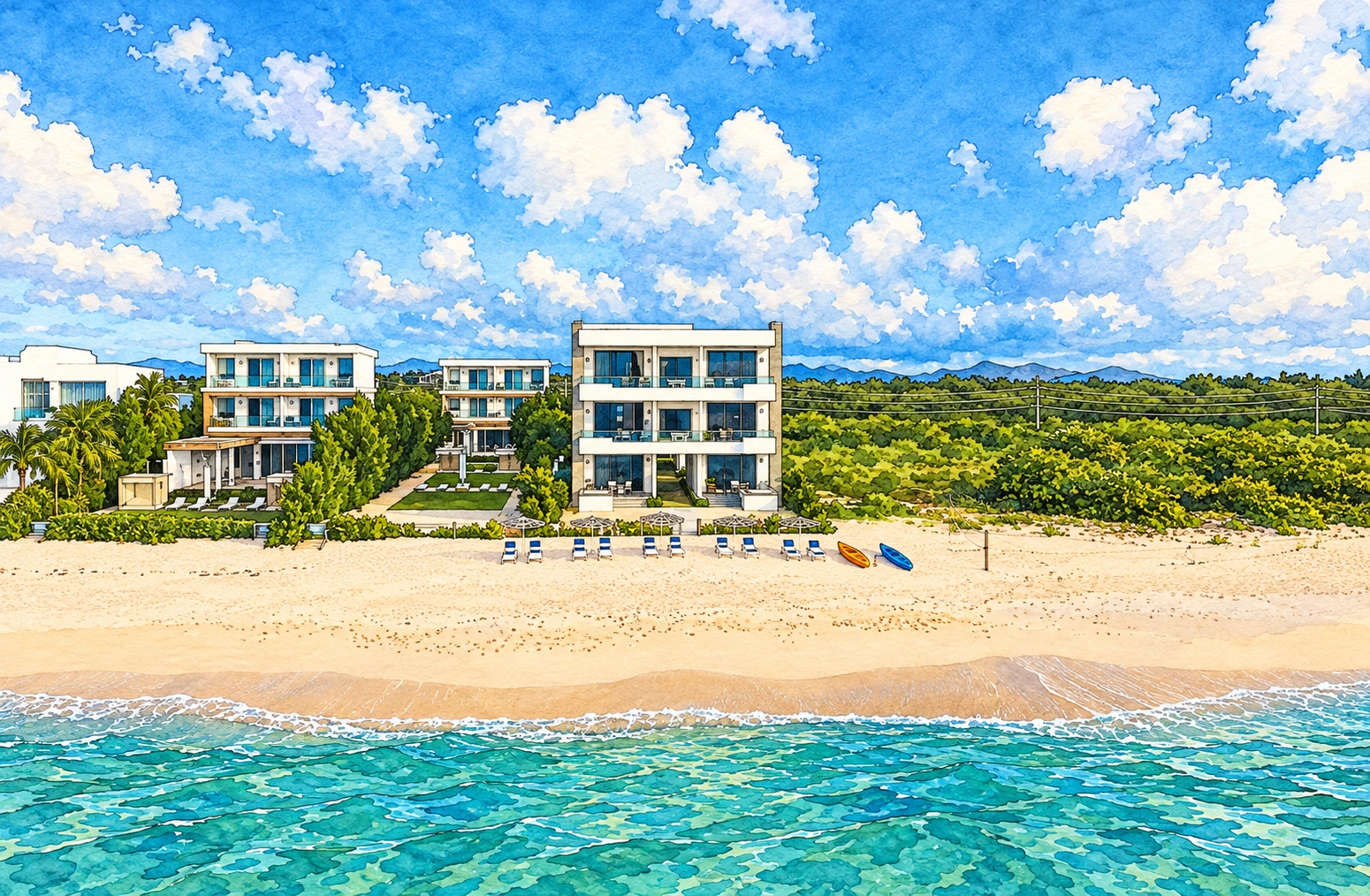 Illustration of Tranquility Beach Anguilla Resort, beachfront view Illustration of Tranquility Beach Anguilla Resort, beachfront view